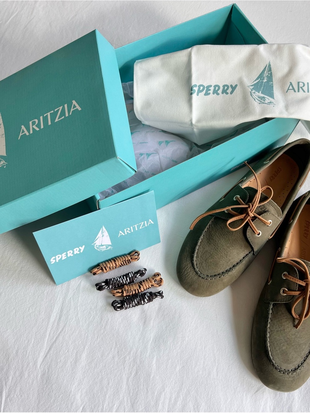 Sperry Olive Green Suede Boat Shoes with Tan Laces